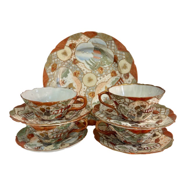 Early 20th Century Japanese Kutani Hand Painted Eggshell Porcelain Cup and Saucers With 9” Serving Plate - 9 Pieces For Sale