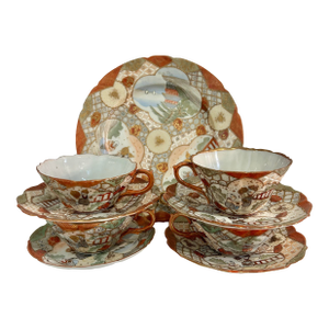 Early 20th Century Japanese Kutani Hand Painted Eggshell Porcelain Cup and Saucers With 9” Serving Plate - 9 Pieces