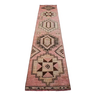1960s Hand-Knotted Anatolian Turkish Runner Rug Low Pile Tribal Hallway Rug 2′6″ × 11′9″ For Sale