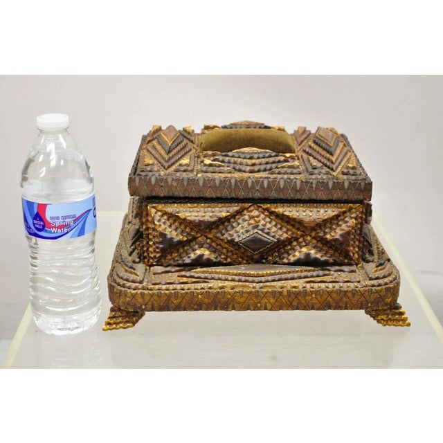 Antique Tramp Art Diamond 2 Tier Hinged Carved Wood Presentation Jewelry Box For Sale - Image 10 of 12