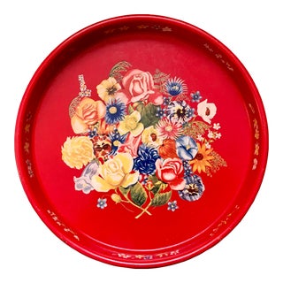 Vintage Red Metal Floral Serving Tray For Sale