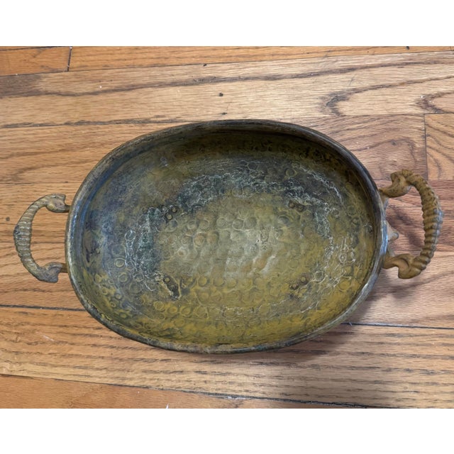 Mid Century Brass Oval Jardiniere Lion Head Ram Horn Handles Paw Feet Hammered Bowl For Sale - Image 11 of 12
