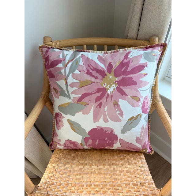 Blush 20” Custom Goose Down Floral Accent Pillow in Pink, Blush & Gold With Decorative Gold Whipstitch Trim For Sale - Image 8 of 9