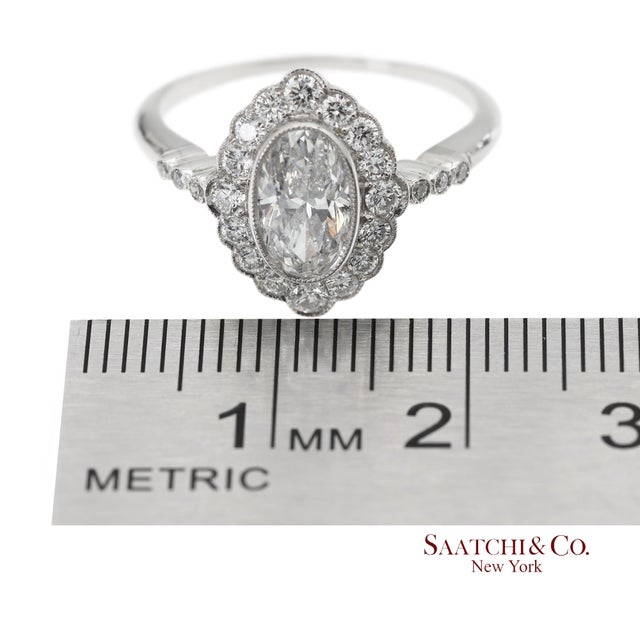 Platinum Vintage Platinum 900 Natural Diamond Milgrain Oval Shape Engagement Band Ring, Size 7 For Sale - Image 8 of 10