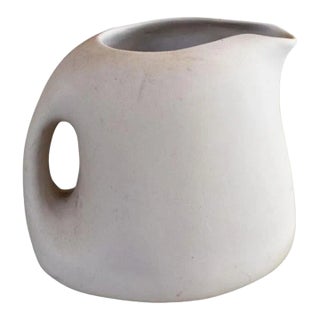 Vintage Studio Pottery Unglazed Cream Ceramic Pitcher For Sale