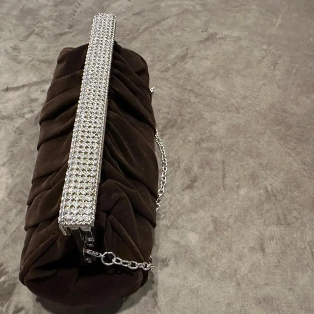 An Elegant 1980s Brown Suede and Rhinestones Italian Evening Bag For Sale - Image 15 of 18