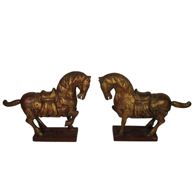 Chinese Tang Dynasty Style Decorative Carved Wood Horse Sculptures, Set of 2 For Sale - Image 4 of 12