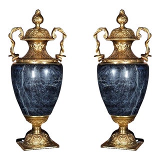 Pair of Marble and Bronze Cassolettes, Urns or Vases, Lidded, For Sale