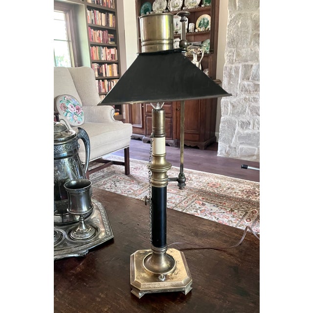 Black 1970s Chapman Brass French Bouillotte Lamp With Black Tole Shade For Sale - Image 8 of 14