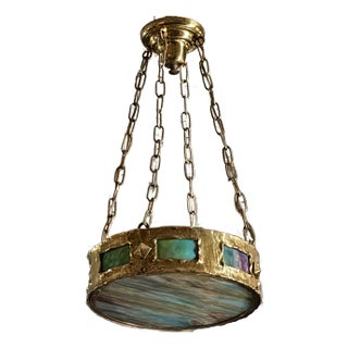 Round Antique Brass Chandelier With Slag Glass Insetsantique For Sale