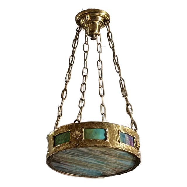 Round Brass Chandelier With Slag Glass Insets For Sale