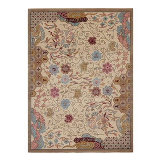 2010s Rug & Kilim’s Chinese Art Deco Style Rug in Beige-Brown With Floral Patterns For Sale