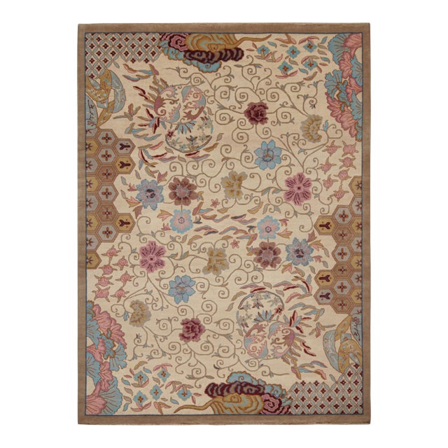 2010s Rug & Kilim’s Chinese Art Deco Style Rug in Beige-Brown With Floral Patterns For Sale