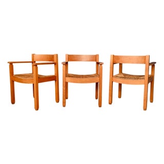Brutalist French Armchairs in Elm and Straw, 1970s, Set of 3 For Sale