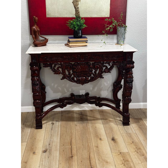 1990s Victorian Hand Carved Wood and Limestone Console Table For Sale - Image 4 of 12