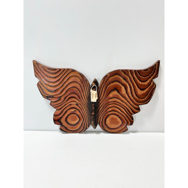 Mid 20th Century Vintage Folk Art Carved Wood Butterfly Wall Sculpture – Burned Wood Relief For Sale - Image 5 of 9