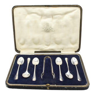 1923 Anglo-Irish Sterling Silver Coffee Spoons & Sugar Cube Tongs Set in Original Case For Sale