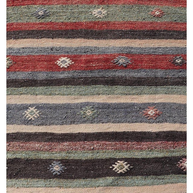 Tribal Turkish Vintage Kilim Striped Runner With Tribal Motifs in Copper and Greens For Sale - Image 3 of 11