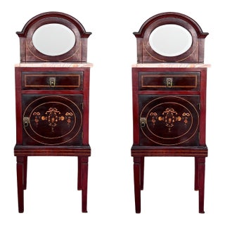 Late 19th Century Louis XVI Style Marquetry Nightstands with Bronze Hardware and Mirror, A Pair For Sale
