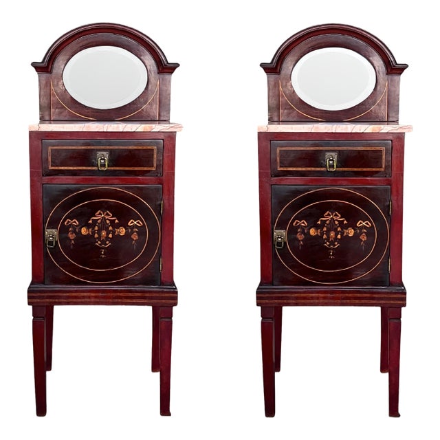 Late 19th Century Louis XVI Style Marquetry Nightstands with Bronze Hardware and Mirror, A Pair For Sale