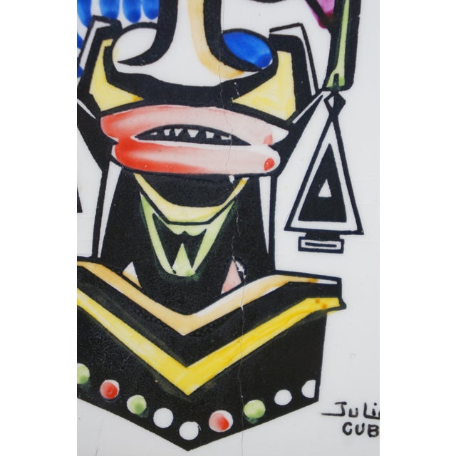 Late 20th Century 2 Julio Cuba South American Tribal Jester Face Masks Tile Art Plaque Pair For Sale - Image 5 of 12