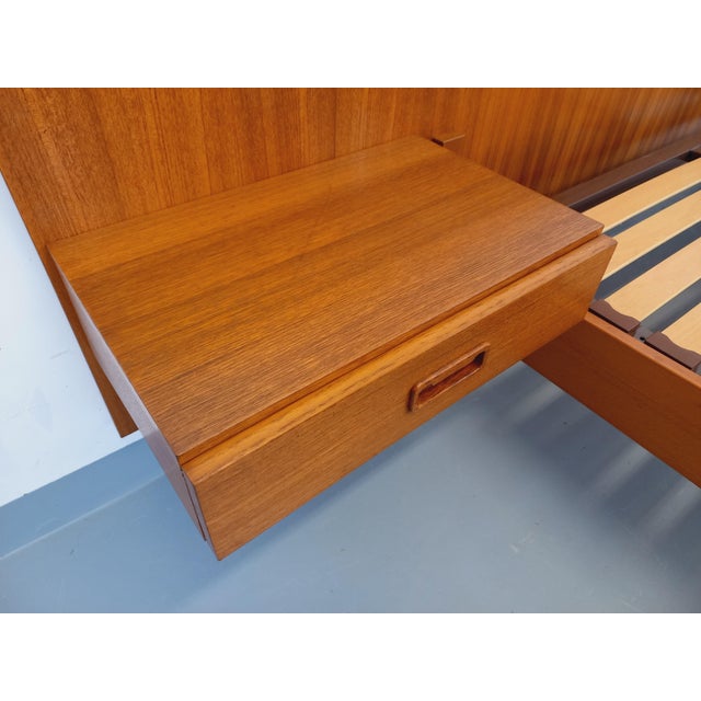 Wood Vintage Scandinavian Teak Double Bed with Integrated Bedside Tables and Slatted Base, 1960s For Sale - Image 7 of 18