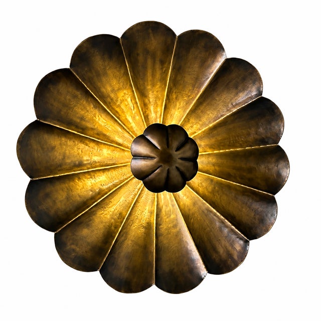 Brass Vintage Brass Floral Ceiling Light, Handmade Lotus Petal Semi Flush Mount Fixture, Antique Brass Scalloped Ceiling Lamp for Bedroom Hallway For Sale - Image 8 of 15