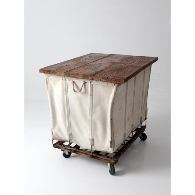 Vintage Dandux Industrial Laundry Cart With Wood Top For Sale - Image 18 of 18