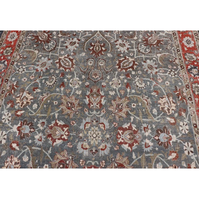 Antique Persian Tabriz Rug With Floral and Vine Design in Muted Blue and Red Tones 8'9"x12'2" For Sale - Image 4 of 9