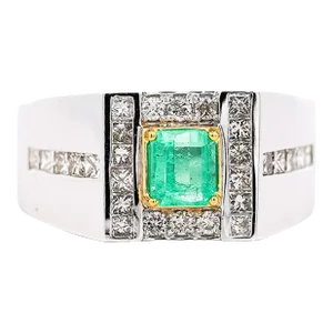 Natural 1.78 Carat Emerald and Diamond 18k Gold Mens Ring Size 9.5