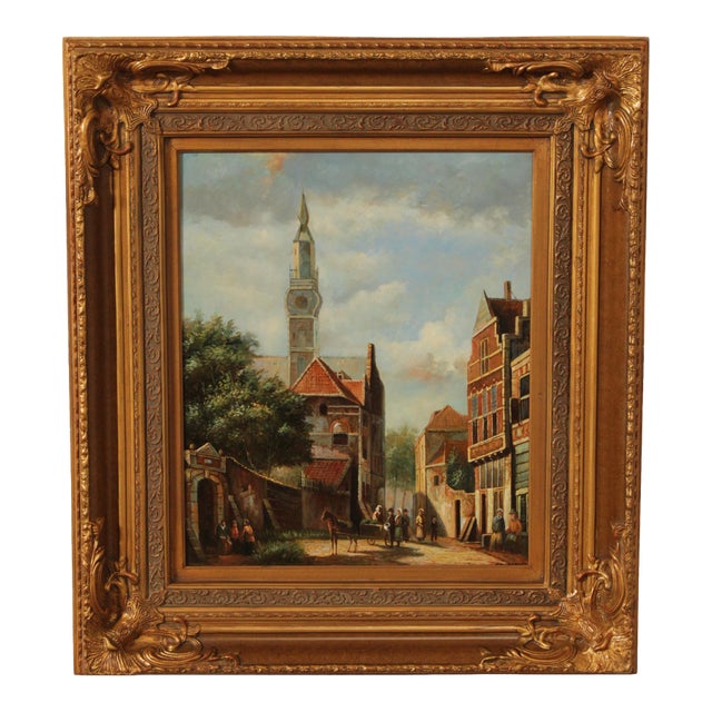 Italian Village Scene Oil Painting, Signed For Sale