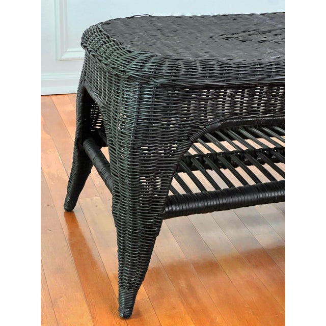 French Small Wicker Woven Coffee Table in Black With Lower Rattan Shelf, C. 1970 For Sale - Image 11 of 16