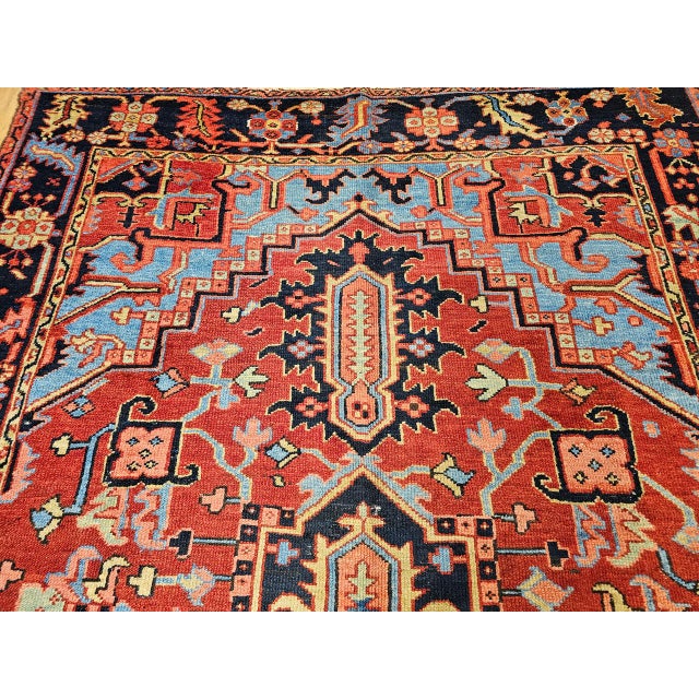Antique Heriz Serapi Gallery Rug, Hand-Knotted Wool, Geometric Medallion Pattern, Red & Blue, 7x12 For Sale - Image 4 of 11