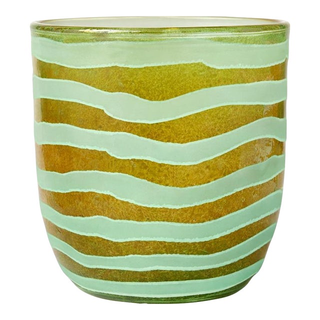 Vintage Hand-Blown Art Glass Vase With Seafoam Green Satin Stripes and Amber Ground – Modern Studio Glass Vessel For Sale