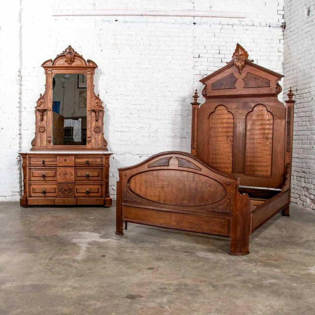 Antique Victorian Full Size Bed Tall Lincoln Style Walnut & Burl Walnut Hand Carved For Sale - Image 12 of 13