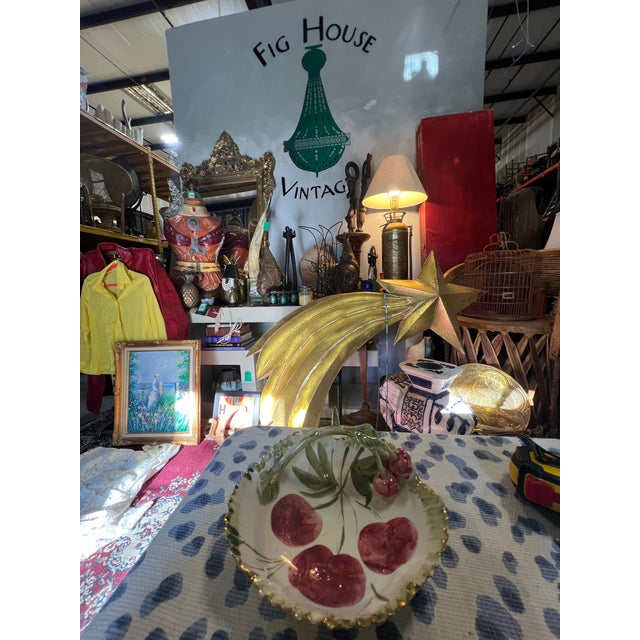 Vintage Ceramic Italian Cherry Dish With Handle and Gold Rim For Sale - Image 4 of 9