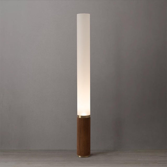 1980s Tambo Cylindro 60" Accent Floor Lamp - Dark Walnut, Weathered Brass, Frosted Acrylic, Dimmer Switch For Sale - Image 4 of 8