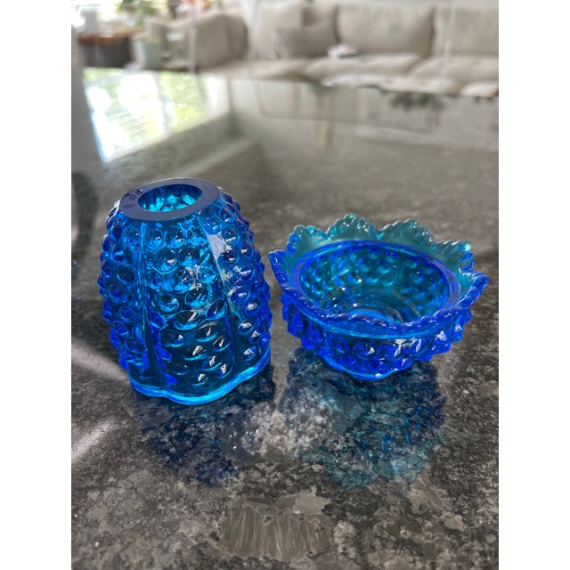 Boho Chic Vintage Fenton Colonial Blue Glass Hobnail Fairy Lamp For Sale - Image 3 of 3