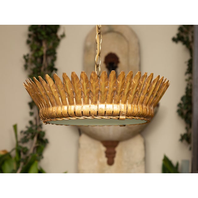 Gold Vintage Spanish Gilt Metal Crown Chandelier with Frosted Glass and Leaf Motifs For Sale - Image 8 of 12