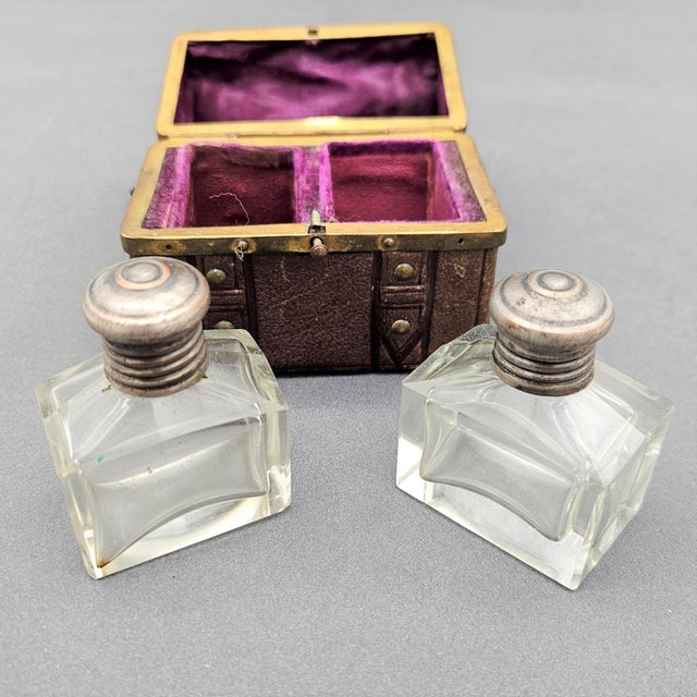 19th Century Travel Set with Lined Suitcase and Antique Perfume Bottles, 1850s, Set of 3 For Sale - Image 5 of 8