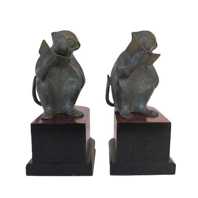 Mid-Century Modern Pair of Patinated Bronze Monkey Bookends For Sale - Image 3 of 6