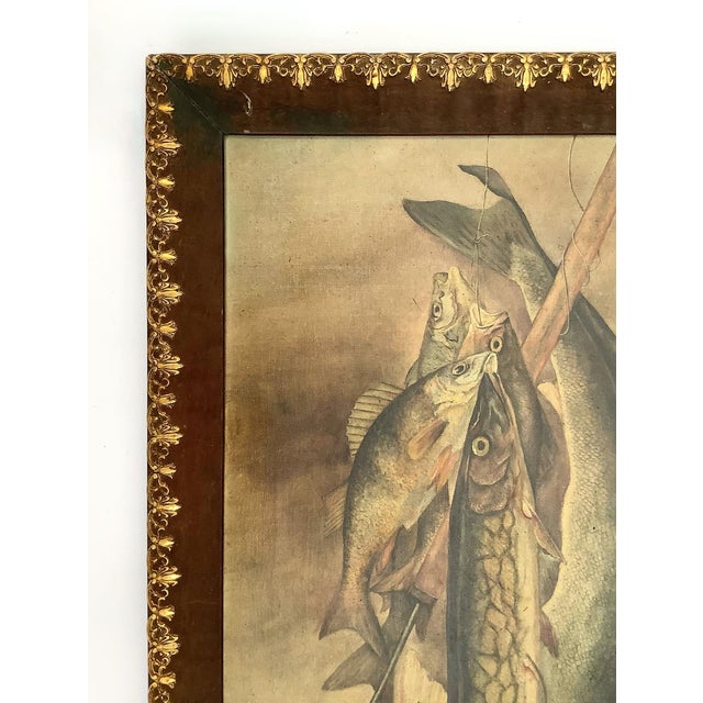 Early 1900s very detailed oil on canvas of school of fish with rod, hook and fishing flies. Painting is in original frame,...