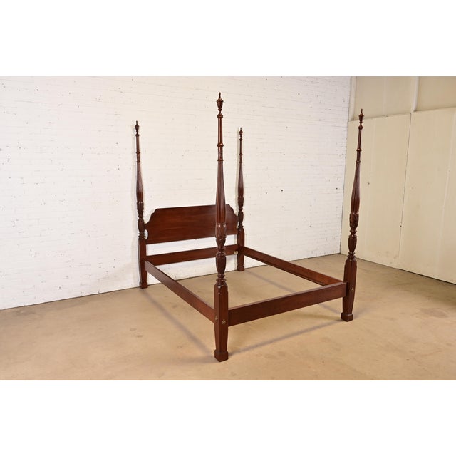 Ethan Allen Ethan Allen Georgian Carved Solid Cherry Wood Queen Size Poster Bed For Sale - Image 4 of 13