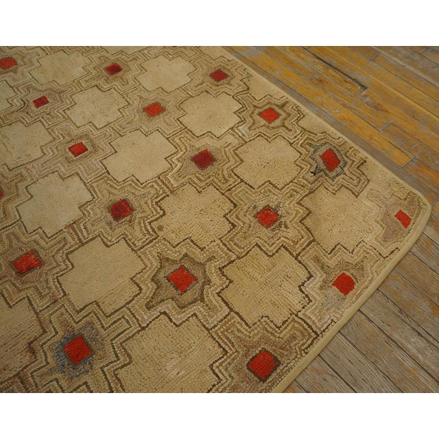 Camel 1900s Brown Geometric Folk Art Antique American Hooked Rug Knotted Wool Carpet For Sale - Image 8 of 9