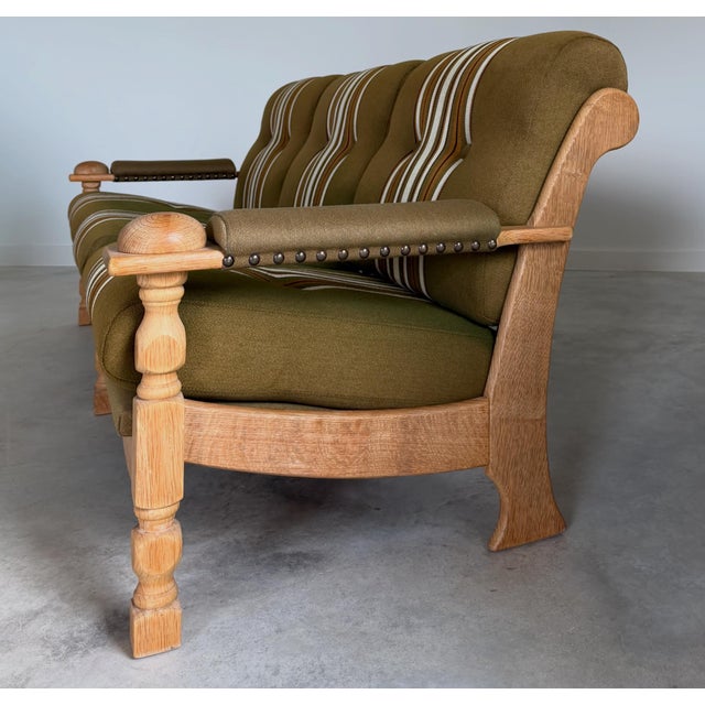 Scalloped Carved Turned Danish Oak Henning Kjærnulf Style Sofa Couch Olive Wool For Sale - Image 11 of 16