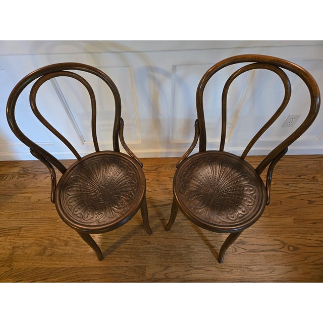 Early 20th Century Antique Art Nouveau Bentwood Chairs With Embossed Seats, Pair For Sale - Image 5 of 6