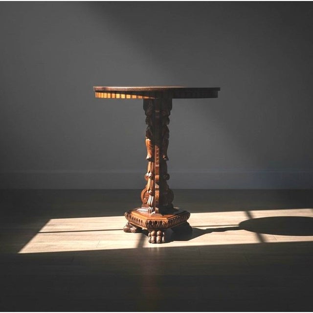 Antique Carved Pedestal Table Figural Base-Lion Paw Feet-Side-Accent-Victorian For Sale - Image 4 of 11