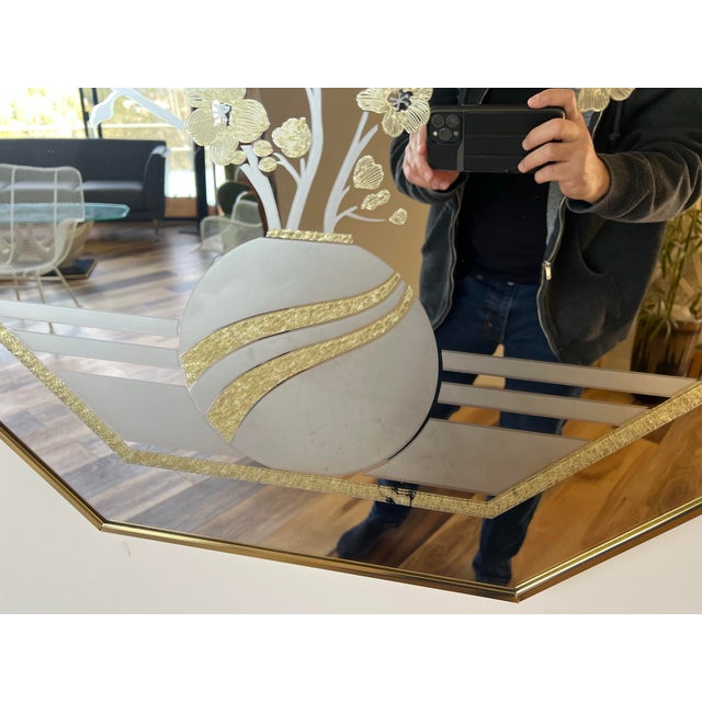 1980s Vintage Octagon Wall Mirror: 1980s Windsor Postmodern Floral Vase Brass For Sale - Image 5 of 12