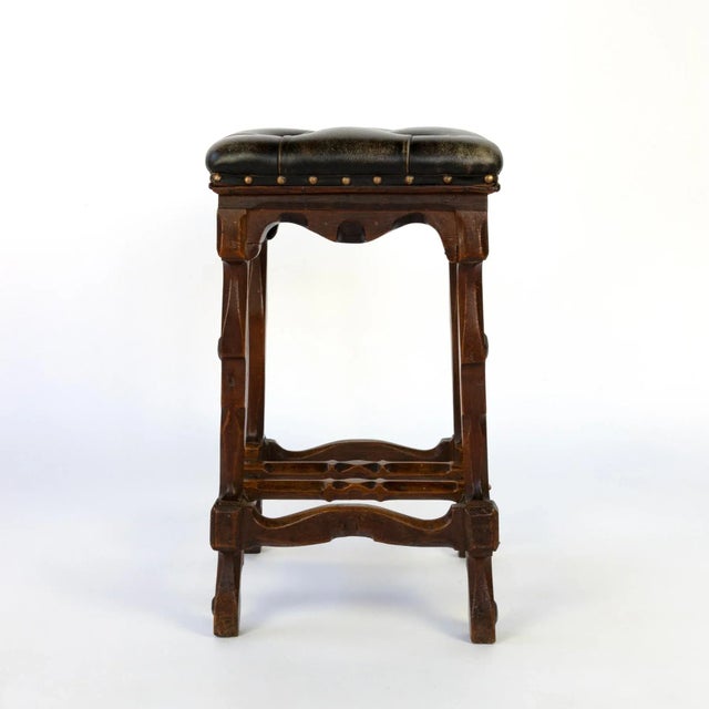 Arts & Crafts Late 19th Century English Arts & Crafts Tufted Dark Leather Square Stool For Sale - Image 3 of 11