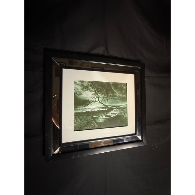 Black Framed Black and White Boat Photograph With Mirrored Frame For Sale - Image 8 of 9